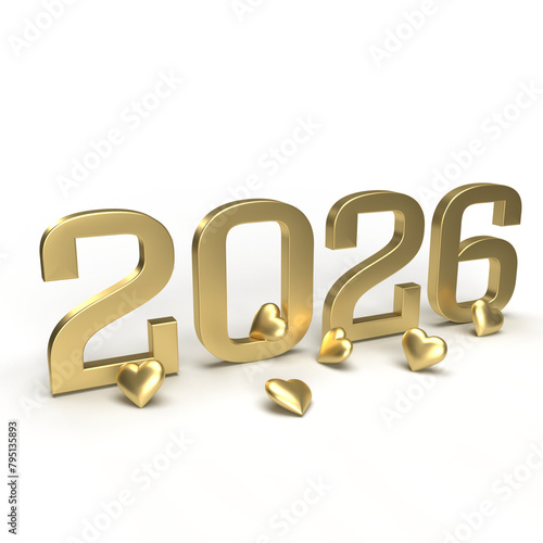 Gold new year 2026 with hearts around it.