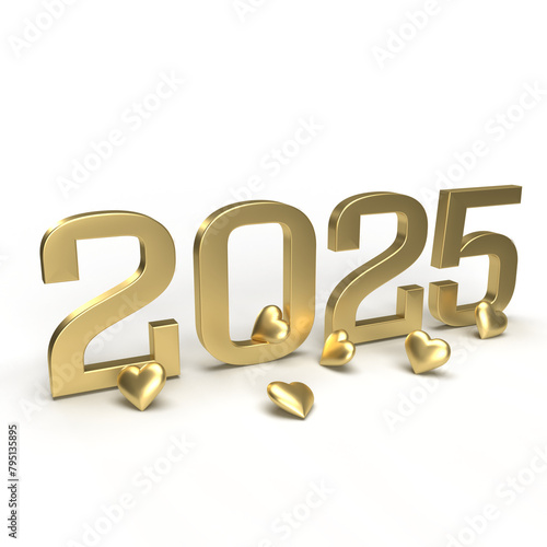 Gold new year 2025 with hearts around it.