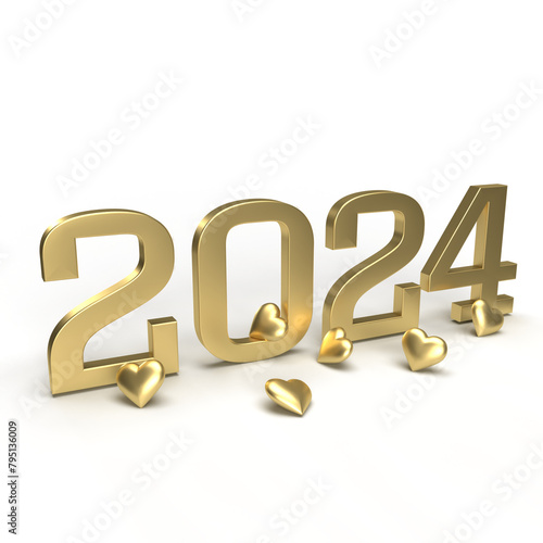 Gold new year 2024 with hearts around it.