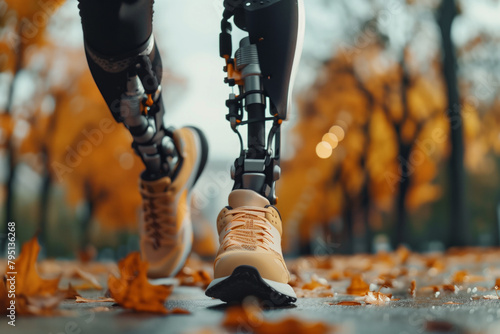 Person with two prosthetic futuristic legs walking in the park