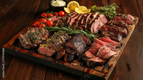 A luxurious meat plate showcasing a variety of prime cuts, grilled to perfection and served with gourmet accompaniments, presented in high-definition. photo