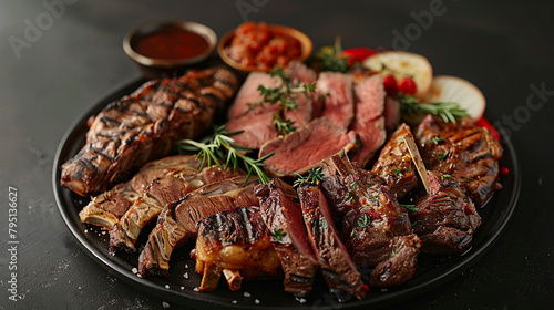A luxurious meat plate showcasing a variety of prime cuts, grilled to perfection and served with gourmet accompaniments, presented in high-definition.