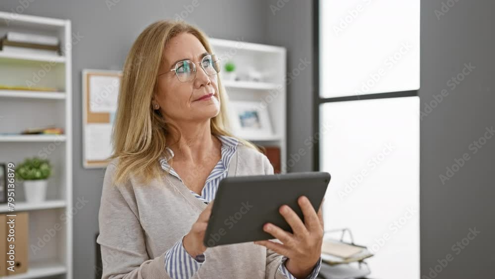 Mature caucasian businesswoman examines tablet in modern office, reflecting professionalism and focus. Mature caucasian businesswoman examines tablet in modern office, reflecting professionalism and focus.