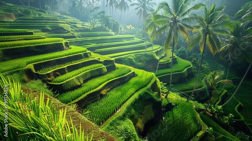 A tranquil Balinese rice terrace with lush green paddies and palm trees