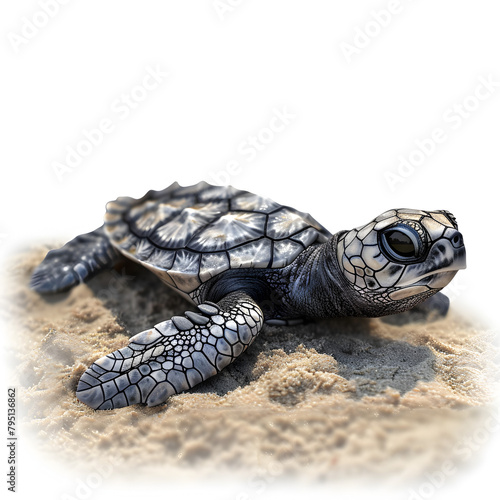 A baby sea turtle on the sand ,A sea turtle emerging from the ocean to join in a sea creature New Years Eve party1, Turtle isolated on white background.
