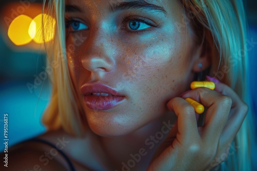 Offers a glimpse into a reflective moment with focus on a blond woman's hair against bokeh lights