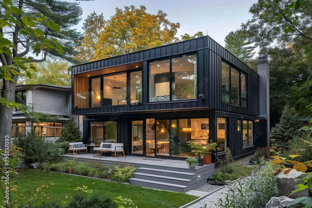 A modern house with a striking combination of black metal cladding and large glass windows.