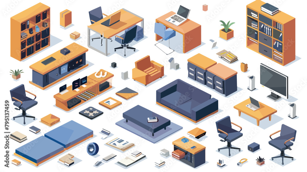 Set of vector isometric office interior elements