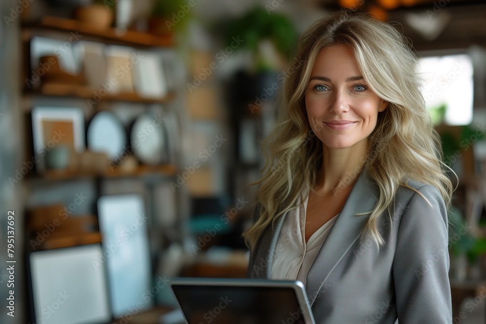 A professional woman in a modern office setting confidently holds a tablet computer, showcasing a blend of technology and business. Her focused expression and the sleek, contemporary environment sugge A professional woman in a modern office setting confidently holds a tablet computer, showcasing a blend of technology and business. Her focused expression and the sleek, contemporary environment sugge