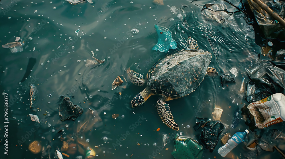 turtle swimming among garbage in a lake where people have thrown rubbish turtle swimming among garbage in a lake where people have thrown rubbish