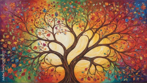 Artistic depiction of the Tree of Life with vibrant colors. Symbolic representation of growth and connection.