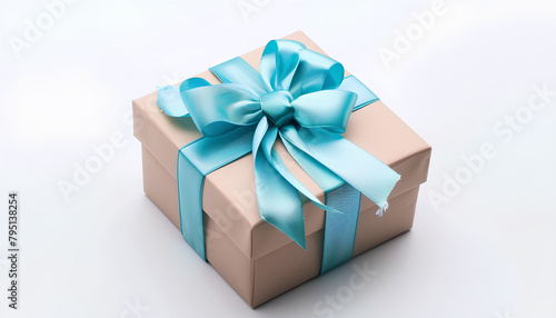 Gift box with blue bow on white background. International Women's Day celebration