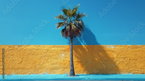 Lone Palm Tree Standing Against Blue and Yellow Wall