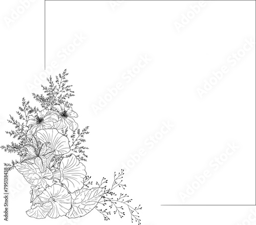 Floral square border with morning glory  roses  ferns and leaves arranged in bottom left