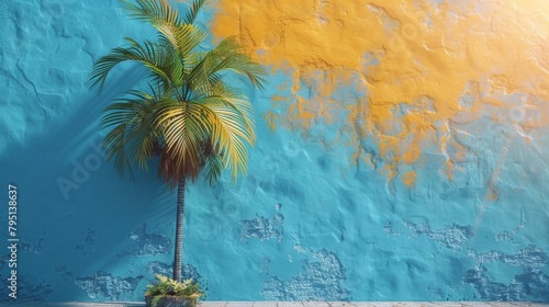 Palm Tree Casting Shadow on Blue Wall