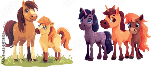 Ponies breeding. Cartoon cute pony shetland breed, farm beautiful little horses