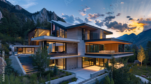 A modern mansion with a striking architectural design, featuring a mix of concrete, glass, and wood elements, set against a backdrop of rugged mountain peaks. © Ateeq