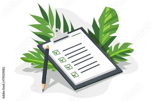 Checklist illustration with green leaves, Concept of eco-friendly business practices and sustainability goals.