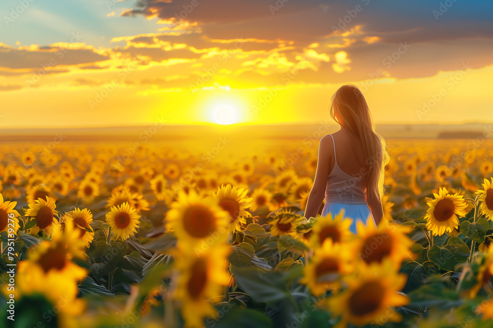 Woman admiring the sunset in a field of sunflowers, Concept of tranquility and connection with nature. Woman admiring the sunset in a field of sunflowers, Concept of tranquility and connection with nature.