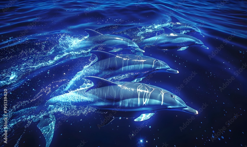 A pod of dolphins swimming in the ocean at night, Generative AI 