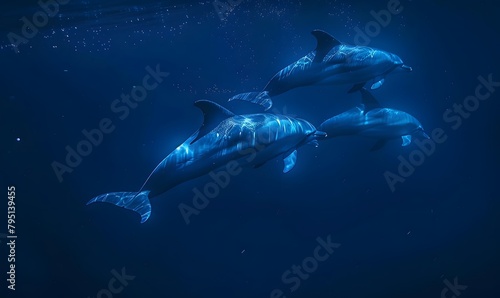 A pod of dolphins swimming in the ocean at night, Generative AI 