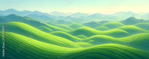 A green landscape of rolling hills, digital artistry. The undulating curved hills are bathed with soft lighting that casts gentle shadows on their surfaces © Photo And Art Panda