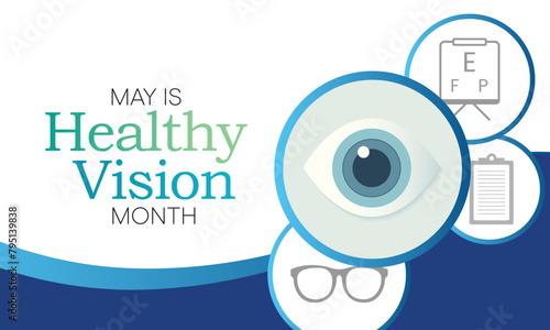 Healthy Vision month is observed every year in May. Taking care of your eyes can be a priority just like eating healthy and physical activity. it can help keep you safe each day. Vector illustration.