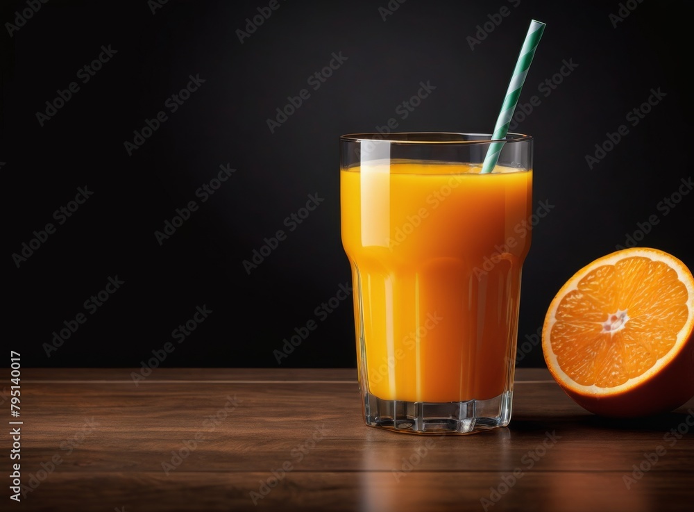Glass of freshly pressed orange juice on a wooden table Glass of freshly pressed orange juice on a wooden table