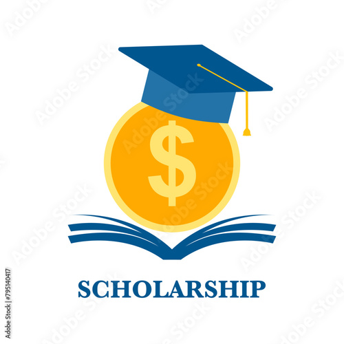 Educational scholarship logo concept vector illustration on white background. Books, dollar coin and graduation hat in flat design. photo