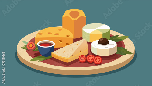 A rustic cheese platter featuring slices of aged gouda tangy asiago and creamy camembert surrounded by an array of cured meats tangy pickles and sweet.