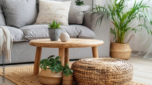 A living room with a wooden coffee table and a potted plant