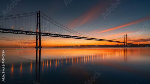 Vasco da Gama suspension bridge with lights at sunset