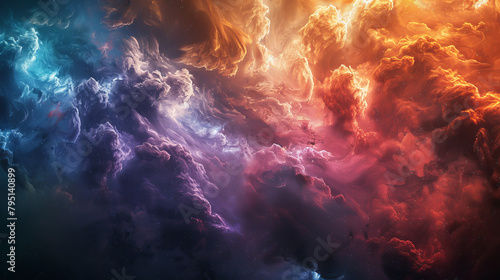 A colorful space scene with a mix of blue, red, and yellow clouds