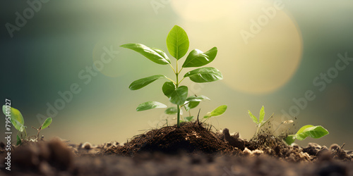 Graceful Tapestry of Nature, a beautiful baby plant start to grow from the soil and Bathed in the Gentle Glow of blurred Morning Sunlight, Embodiment of Ecological and Environmental Balance photo