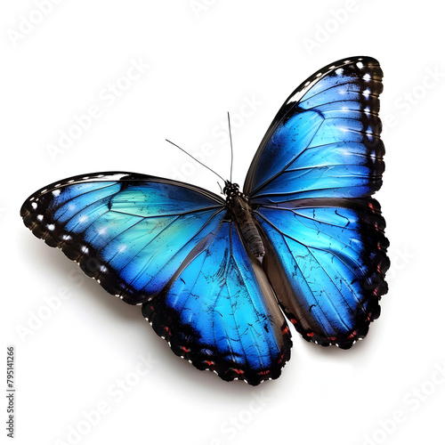 A blue butterfly with a blue and black butterfly on the front ,The bright opalescent blue morpho butterfly, Morpho helenor marinita male, isolated on white background with wings open.


 photo
