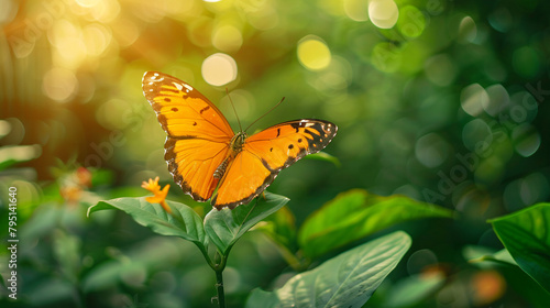View of beautiful orange butterfly on green nature 