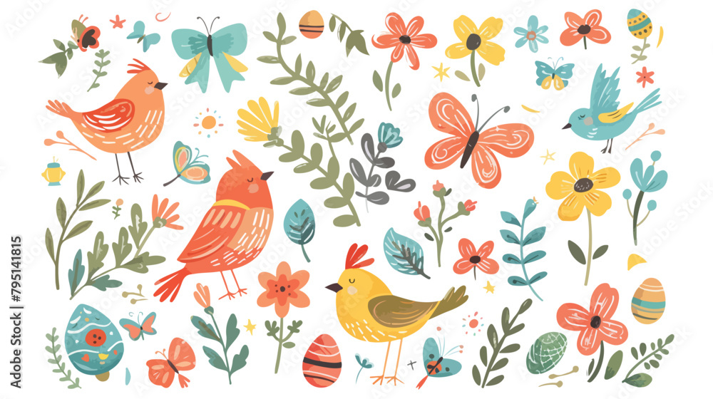 Spring elements collection - cute birds bees flowers