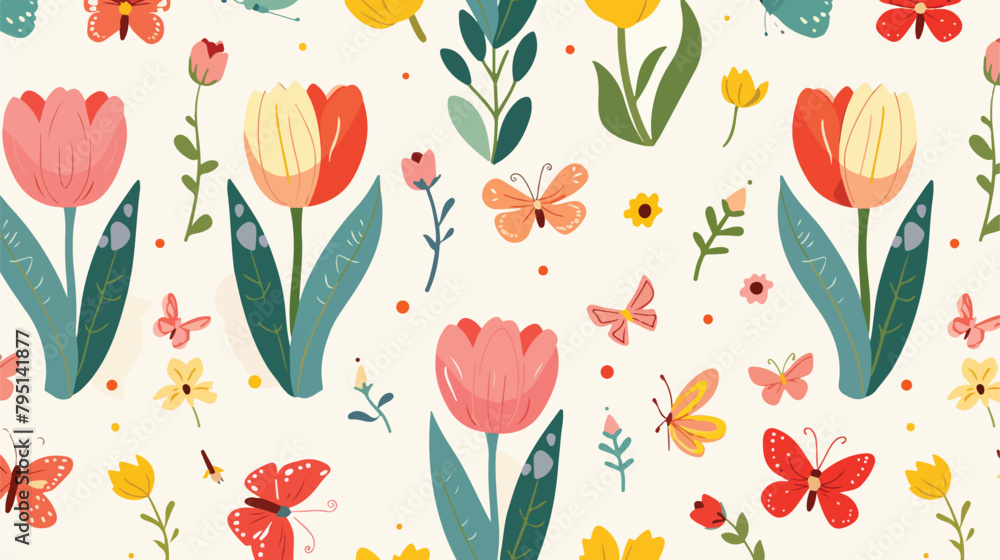 Spring flower pattern - tulips cherry blossom and but