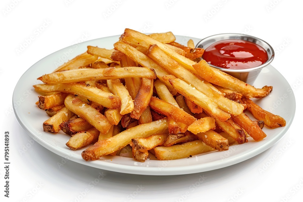 Delicious French fries with red sauce tomato ketchup. Salted potato fry in a white bowl. Isolated background. Golden homemade deep fried salty french frites serving on a plate. Very good chips Delicious French fries with red sauce tomato ketchup. Salted potato fry in a white bowl. Isolated background. Golden homemade deep fried salty french frites serving on a plate. Very good chips