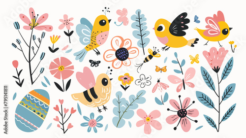 Spring elements collection - cute birds bees flowers © Tech