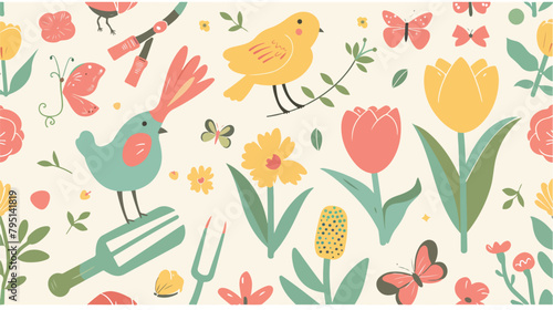 Spring flower pattern - tulips birds and butterflies #795141819