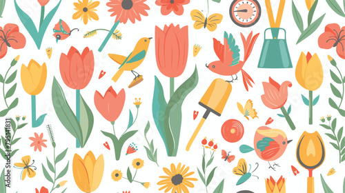Spring flower pattern - tulips birds and butterflies #795141831