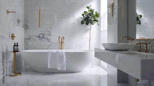 Elegant minimalist neoclassical bathroom with freestanding tub and marble details