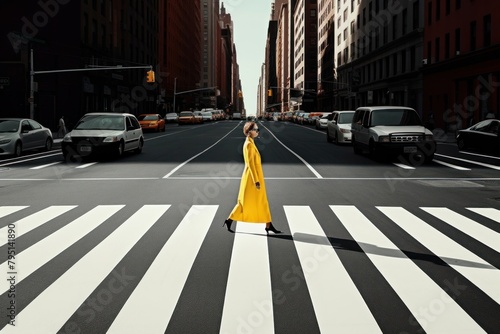 A minimalistic photography of a lady crossing the road advertisment style vehicle city car.