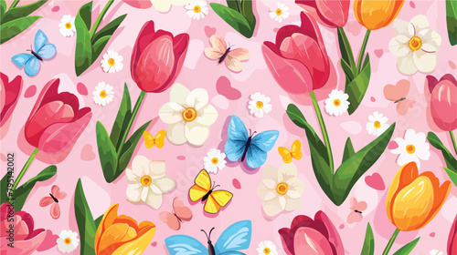 Spring flower pattern - tulips cherry blossom and but photo