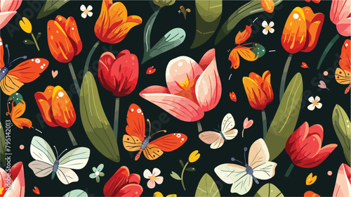 Spring flower pattern - tulips cherry blossom and but