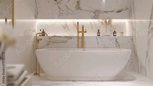 Elegant minimalist neoclassical bathroom featuring a sleek white bathtub  marble walls  and gold fixtures
