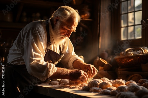 Artisan Baker Kneading Dough in Sunlit Bakery 