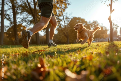 Man running with her dog in park mammal animal pet. photo
