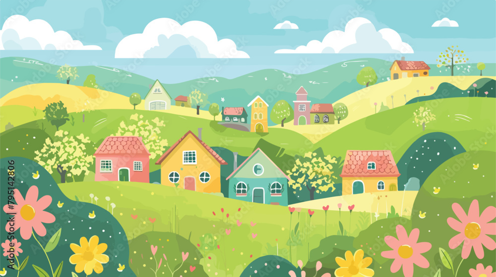 Spring landscape with houses fields and nature. Decor